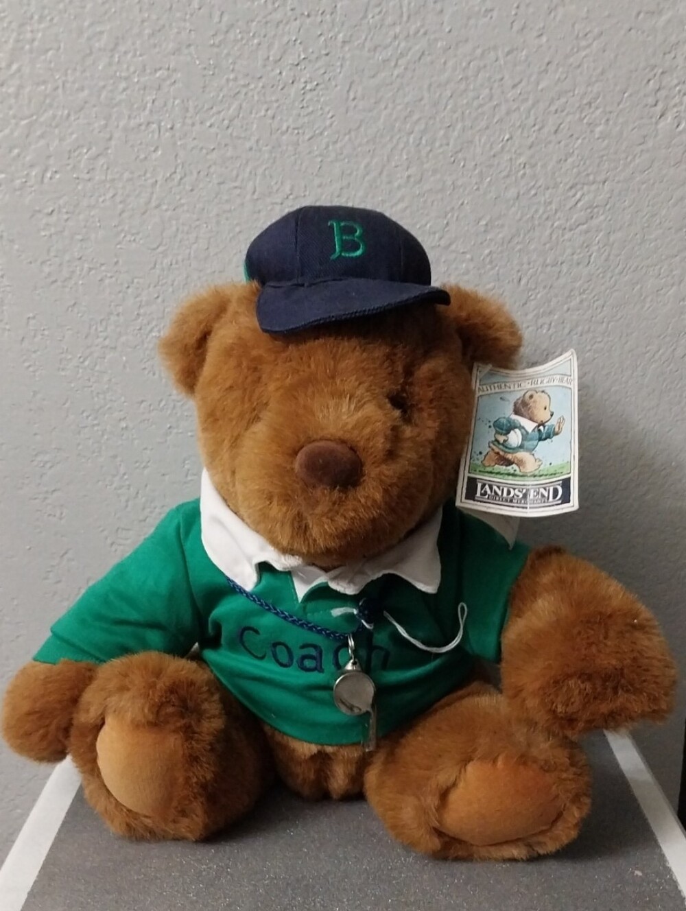 Lands' End Brown Plush Bear in Green Coach Shirt and Navy Cap